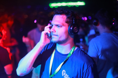 ZAGREB, CROATIA - 26th June, 2018 : Silent Party by YEM kolektiv DJs on the 13th INmusic festival located on the lake Jarun in Zagreb, Croatia.のeditorial素材