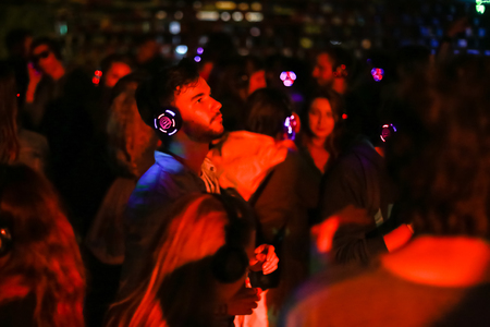 ZAGREB, CROATIA - 26th June, 2018 : Silent Party by YEM kolektiv DJs on the 13th INmusic festival located on the lake Jarun in Zagreb, Croatia.のeditorial素材