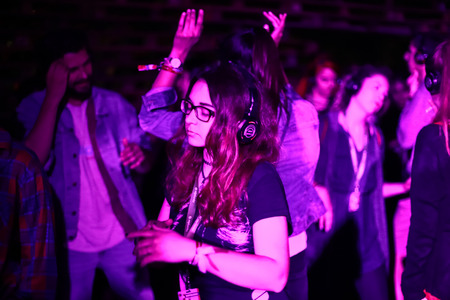 ZAGREB, CROATIA - 26th June, 2018 : Silent Party by YEM kolektiv DJs on the 13th INmusic festival located on the lake Jarun in Zagreb, Croatia.のeditorial素材