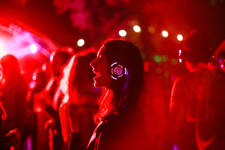 ZAGREB, CROATIA - 26th June, 2018 : Silent Party by YEM kolektiv DJs on the 13th INmusic festival located on the lake Jarun in Zagreb, Croatia.のeditorial素材