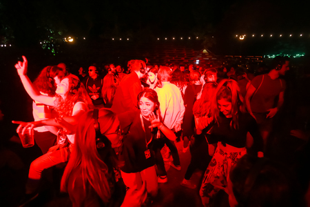 ZAGREB, CROATIA - 26th June, 2018 : Silent Party by YEM kolektiv DJs on the 13th INmusic festival located on the lake Jarun in Zagreb, Croatia.のeditorial素材