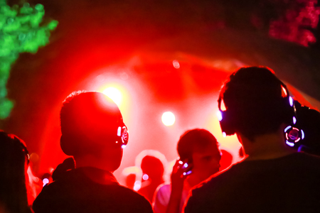ZAGREB, CROATIA - 26th June, 2018 : Silent Party by YEM kolektiv DJs on the 13th INmusic festival located on the lake Jarun in Zagreb, Croatia.のeditorial素材