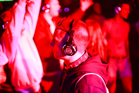 ZAGREB, CROATIA - 26th June, 2018 : Silent Party by YEM kolektiv DJs on the 13th INmusic festival located on the lake Jarun in Zagreb, Croatia.のeditorial素材