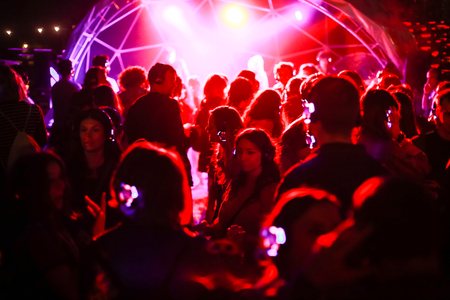 ZAGREB, CROATIA - 26th June, 2018 : Silent Party by YEM kolektiv DJs on the 13th INmusic festival located on the lake Jarun in Zagreb, Croatia.のeditorial素材