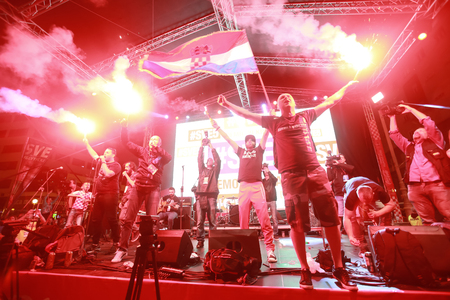 ZAGREB, CROATIA - JULY 11, 2018 : Croatian football fans celebrating victory of 2:1 Croatia vs England in semifinales Fifa World cup 2018 on Ban Jelacic Square in Zagreb, Croatia.のeditorial素材