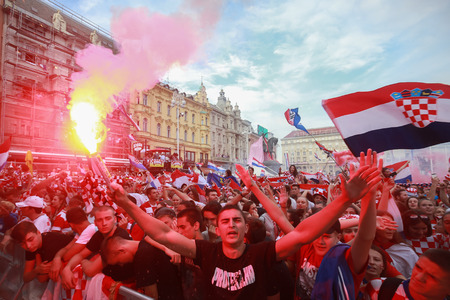 ZAGREB, CROATIA - JULY 15, 2018 : Croatian football fans celebrate second place after losing from France 4-2 in the finals on the World Cup 2018 FIFA on Ban Jelacic Square in Zagreb, Croatia.のeditorial素材