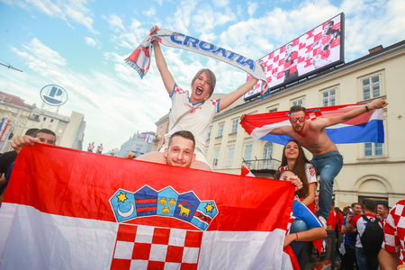 ZAGREB, CROATIA - JULY 15, 2018 : Croatian football fans celebrate second place after losing from France 4-2 in the finals on the World Cup 2018 FIFA on Ban Jelacic Square in Zagreb, Croatia.のeditorial素材