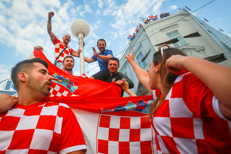 ZAGREB, CROATIA - JULY 15, 2018 : Croatian football fans celebrate second place after losing from France 4-2 in the finals on the World Cup 2018 FIFA on Ban Jelacic Square in Zagreb, Croatia.のeditorial素材