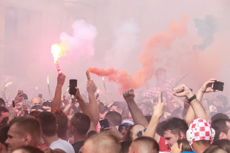 ZAGREB, CROATIA - JULY 15, 2018 : Croatian football fans support national team before and during the...
