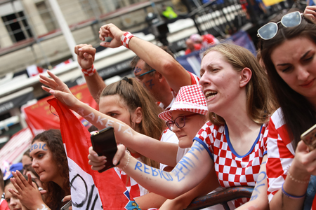 ZAGREB,CROATIA - JULY 16,2018 : Croatia National Team welcome home celebration for 2nd place on Fifa World Cup.Croatian football fans singing while waiting for players to arrive on Ban Jelacic square.のeditorial素材