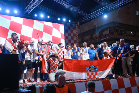 ZAGREB, CROATIA - JULY 16, 2018 : Croatia National Football Team celebrating on the stage during welcome home celebration on Ban Jelacic Square.のeditorial素材