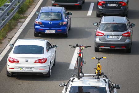 ZAGREB, CROATIA - August 11th, 2018 : Big traffic jam due to the large number of tourists going to the sea coast of Croatia in the Lucko highway toll in Zagreb, Croatia.のeditorial素材
