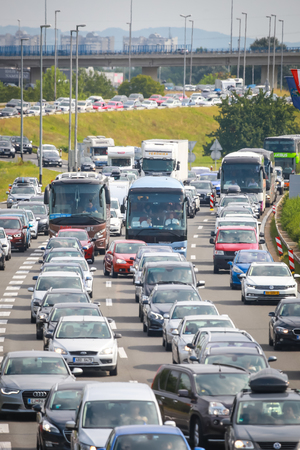 ZAGREB, CROATIA - August 11th, 2018 : Big traffic jam due to the large number of tourists going to the sea coast of Croatia in the Lucko highway toll in Zagreb, Croatia.のeditorial素材