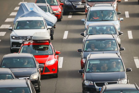 ZAGREB, CROATIA - August 11th, 2018 : Big traffic jam due to the large number of tourists going to the sea coast of Croatia in the Lucko highway toll in Zagreb, Croatia.のeditorial素材