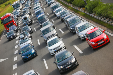 ZAGREB, CROATIA - August 11th, 2018 : Big traffic jam due to the large number of tourists going to the sea coast of Croatia in the Lucko highway toll in Zagreb, Croatia.のeditorial素材