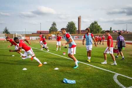 Velika Gorica, Croatia -25th, August 2018 :The first football Croatian league Hrvatski Telekom, game between Hnk Gorica and Rudes on Gorica stadium. Gorica players warming up before start of the game.のeditorial素材