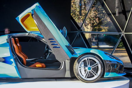 Zagreb, Croatia - 28 September, 2018 : Presentation of Rimac new electric hypercar C Two model with open doors on Strossmayer square. View on the inside of the car.のeditorial素材