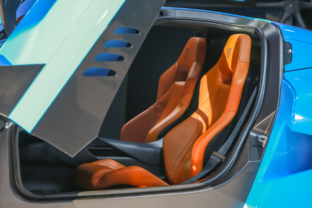 Zagreb, Croatia - 28 September, 2018 : Presentation of Rimac new electric hypercar C Two model with open doors on Strossmayer square. View on the inside of the car.のeditorial素材