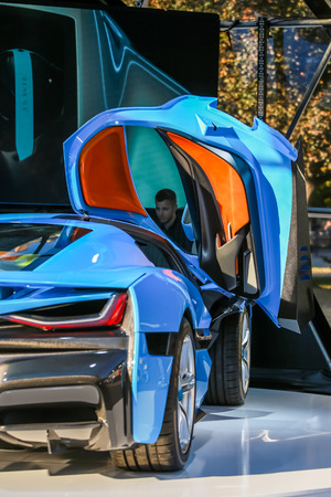 Zagreb, Croatia - 28 September, 2018 : Presentation of Rimac new electric hypercar C Two model with open doors on Strossmayer square.のeditorial素材