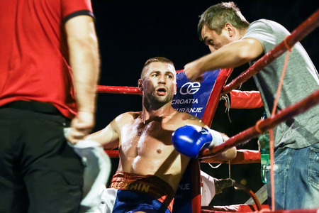 Zagreb, Croatia - 15 Sep, 2018 : Memorial boxing tournament Danijel Kalanj. Boxing match between the Croatian boxer Ivica Bacurina and Aleksandar Radivojevic from Serbia. Ivica Bacurin in his corner.のeditorial素材