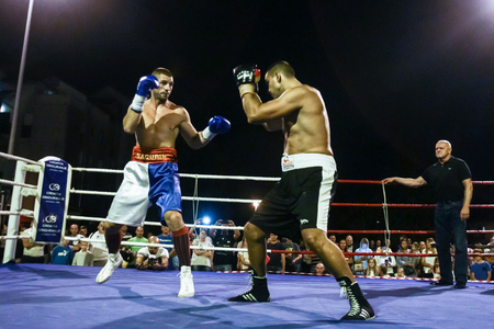 Zagreb, Croatia - 15 Sep, 2018 : Memorial boxing tournament Danijel Kalanj. Boxing match between the Croatian boxer Ivica Bacurina and Aleksandar Radivojevic from Serbia. Ivica Bacurin won the match.のeditorial素材