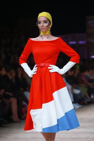 ZAGREB, CROATIA - OCTOBER 25, 2018 : Fashion model wearing clothes for autumn-winter, designed by Twins on the Bipa Fashion.hr fashion show in Zagreb, Croatia.のeditorial素材