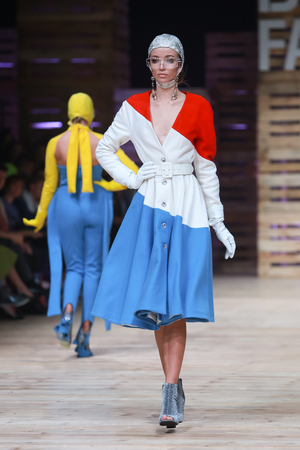 ZAGREB, CROATIA - OCTOBER 25, 2018 : Fashion model wearing clothes for autumn-winter, designed by Twins on the Bipa Fashion.hr fashion show in Zagreb, Croatia.のeditorial素材