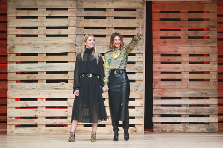 ZAGREB, CROATIA - OCTOBER 27, 2018 : Fashion designers for Mateyaneira fashion brand Mateja Dujic and Neira Sinanbasic on the Bipa Fashion.hr fashion show in Zagreb, Croatia.のeditorial素材