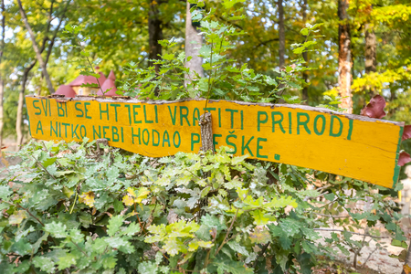 Desinic,Croatia - October 10, 2018: A sign saying that everyone wants to reconnect with nature, but no one is willing to walk on foot in the rural touristic household Gresna Gorica in Desinic,Croatia.のeditorial素材