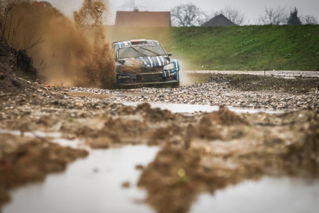 Sveta Nedjelja, Croatia - November 25, 2018. 9th Rally Show Santa Domenica. Simon Wagner and Gerald Winter from Austria racing in the Skoda Fabia R5.のeditorial素材