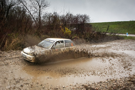 Sveta Nedjelja, Croatia - November 25, 2018. 9th Rally Show Santa Domenica. Istvan Mosoni and Erika Toth from Hungary racing in the Suzuki Swift Gti.のeditorial素材