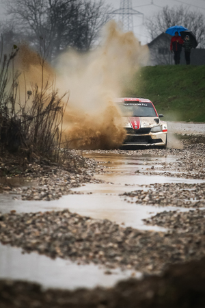 Sveta Nedjelja, Croatia - November 25, 2018. 9th Rally Show Santa Domenica. Janos Balogh and Daniel Holczer from Hungary racing in the Skoda Fabia R5.のeditorial素材