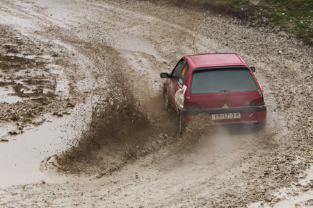 Sveta Nedjelja, Croatia - November 25, 2018. 9th Rally Show Santa Domenica. Mario Ban and Aleksandra Kovacic from Croatia racing in the Peugeot 106 Rallye.のeditorial素材