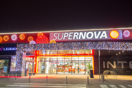 Zagreb, Croatia - November 12, 2018 : The ornated entrance to the Supernova shopping mall at Christmas time in Zagreb, Croatia.のeditorial素材
