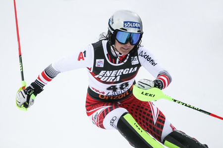 Zagreb, Croatia - January 5, 2019 : Franziska Gritsch from Austria competes during the Audi FIS Alpine Ski World Cup Women's Slalom, Snow Queen Trophy 2019 in Zagreb, Croatia.のeditorial素材