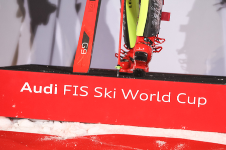 Zagreb, Croatia - January 5, 2019 : Audi FIS Ski World Cup logo on the award ceremony of the Audi FIS Alpine Ski World Cup Women's Slalom, Snow Queen Trophy 2019 in Zagreb, Croatia.のeditorial素材
