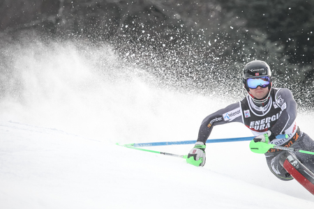 Zagreb, Croatia - January 6 , 2019 : Sebastian Foss Solevaag from Norway competes during the Audi FIS Alpine Ski World Cup Mens Slalom, Snow Queen Trophy 2019 in Zagreb, Croatia.のeditorial素材