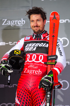 Zagreb, Croatia - January 6, 2019 : First placed Marcel Hirscher from Austria during award ceremony of the Audi FIS Alpine Ski World Cup Mens Slalom, Snow Queen Trophy 2019 in Zagreb, Croatia.のeditorial素材