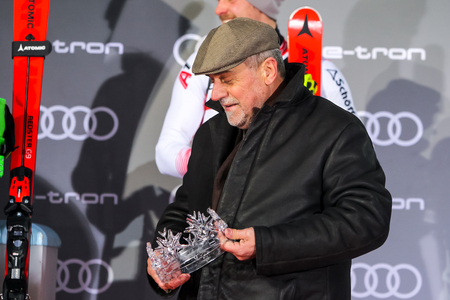 Zagreb, Croatia - January 6, 2019 : Award ceremony of the Audi FIS Alpine Ski World Cup Mens Slalom, Snow Queen Trophy 2019. Zagreb mayor Milan Bandic with glass crown as a cup for the winner.のeditorial素材