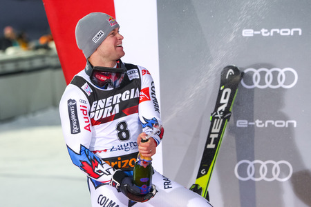 Zagreb, Croatia - January 6, 2019 : Second placed Alexis Pinturault from France during award ceremony of the Audi FIS Alpine Ski World Cup Mens Slalom, Snow Queen Trophy 2019 in Zagreb, Croatia.のeditorial素材