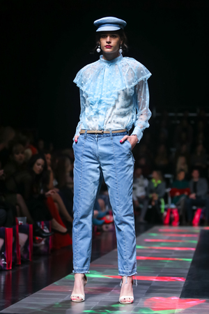 Zagreb, Croatia - March 19, 2019: A model wearing Robert Sever fashion collection on the catwalk at the Bipa Fashion.hr fashion show in Zagreb, Croatia.のeditorial素材