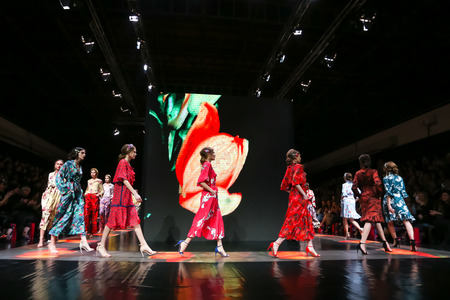 Zagreb, Croatia - March 19, 2019: Models wearing Robert Sever fashion collection on the catwalk at the Bipa Fashion.hr fashion show in Zagreb, Croatia.のeditorial素材