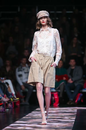 Zagreb, Croatia - March 19, 2019: A model wearing Robert Sever fashion collection on the catwalk at the Bipa Fashion.hr fashion show in Zagreb, Croatia.のeditorial素材