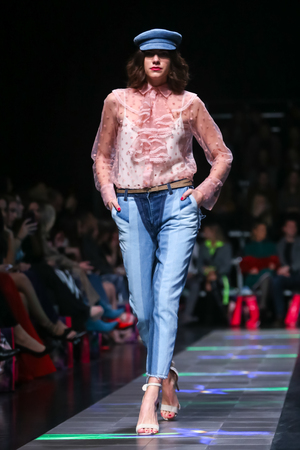 Zagreb, Croatia - March 19, 2019: A model wearing Robert Sever fashion collection on the catwalk at the Bipa Fashion.hr fashion show in Zagreb, Croatia.のeditorial素材