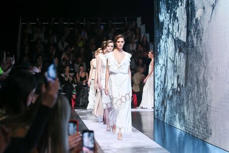 Zagreb, Croatia - March 23, 2019: Fashion models wearing Arileo fashion collection on the catwalk at...