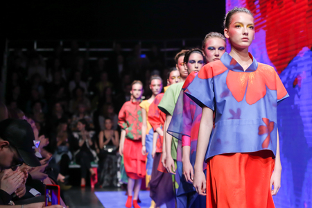 Zagreb, Croatia - March 23, 2019: Fashion models wearing Branka Donassy fashion collection on the catwalk at the Bipa Fashion.hr fashion show in Zagreb, Croatia.のeditorial素材