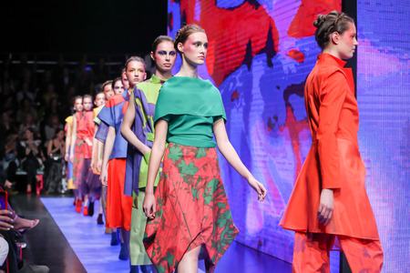Zagreb, Croatia - March 23, 2019: Fashion models wearing Branka Donassy fashion collection on the catwalk at the Bipa Fashion.hr fashion show in Zagreb, Croatia.のeditorial素材