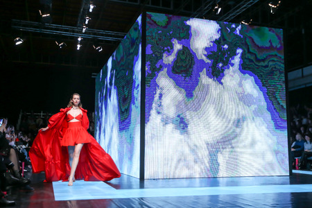 Zagreb, Croatia - March 21, 2019: Fashion models wearing Twins fashion collection on the catwalk at the Bipa Fashion.hr fashion show in Zagreb, Croatia.のeditorial素材