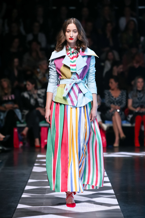 Zagreb, Croatia - March 23, 2019: A fashion model wearing Zoran Aragovic fashion collection on the catwalk at the Bipa Fashion.hr fashion show in Zagreb, Croatia.のeditorial素材