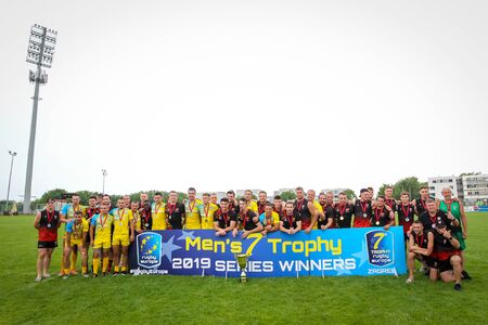 Zagreb, Croatia - 16th June, 2019 : Stjepan Spajic Stadium - European Championship in Rugby 7, mens finals : Belgium vs Ukraine. Group shoot of Ukraine, Lithuania and Belgium players.のeditorial素材